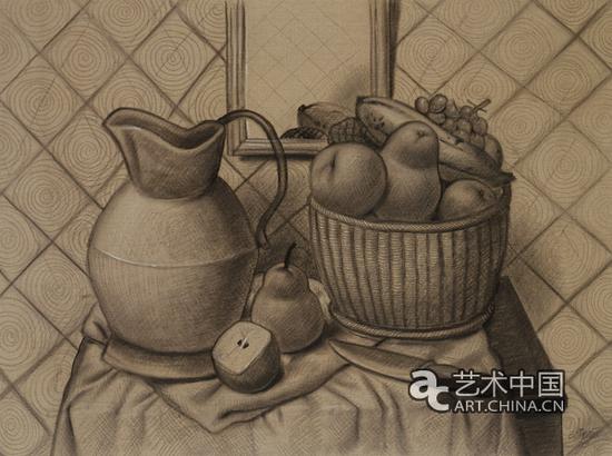水果静物(2003),布面炭笔画
